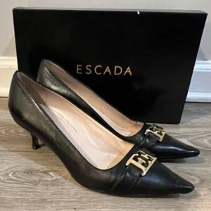 Escada Logo Kitten Heels Black Leather Women's Size 39 U.S 8.5 - Picture 1 of 12