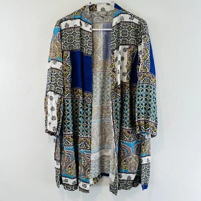 Womens Chico's 12/14 Patchwork Linen Duster Jacket Open Front 3/4 Sleeves - Image 1 of 4