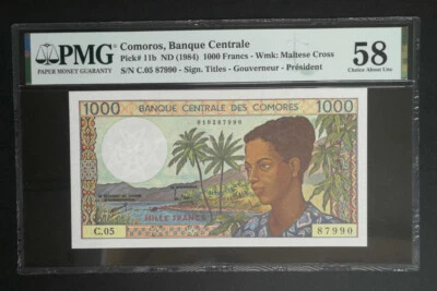 Comoros 1000 Francs 1984 aUNC - PMG 58 certified - Image 1 of 2