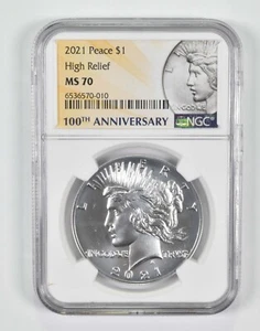2021 MS70 Peace HIGH RELIEF SILVER DOLLAR NGC MS 70 1921 100th Anniversary Label - Picture 1 of 3