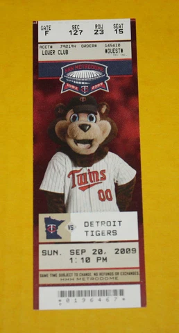 Minnesota Twins Ticket Stub | September 20 2009 | Miguel Cabrera Joe Mauer Hit Cover