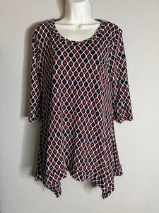 Paisley Grace Paula Tunic Top Small Geometric Red Navy Asymmetrical Hem  - Picture 1 of 7