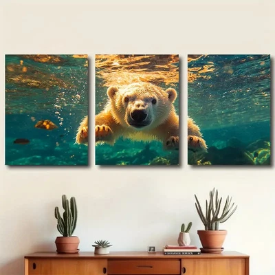3pcs Polar Bear Swimming Underwater Wall Art Canvas Unframed/Framed - Image 1 of 4