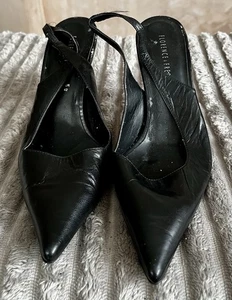 Florence And Fren Black Leather Sling backs Size 8 4” Stiletto Heels - Picture 1 of 3