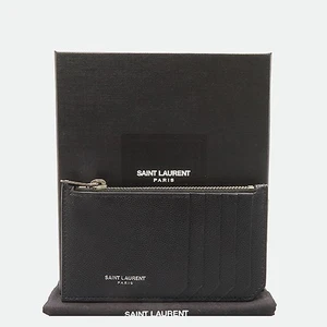 YSL 458589 silver logo black leather zip card holder - Picture 1 of 4