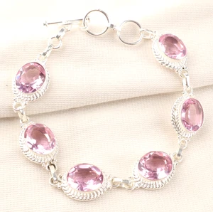 Pink Kunzite Gemstone 925 Sterling Silver Handmade Jewelry Bracelet 8" - Picture 1 of 6