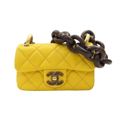 Bolso de Hombro CHANEL Mini Madera Cuadrada Solapa Cuero Amarillo Wengué Acolchado AS4165 Foto 1 de 4