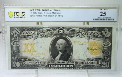 1906 $20 Gold Certificate Fr.1182 PCGS VF25 No Comment #7068 - Image 1 of 2