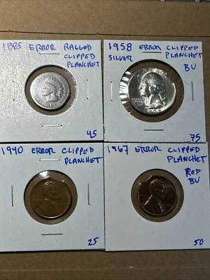 Lot Of 4 Error Coin Clipped Planchet 1885 Indian 1940,67 Lincoln 1958 Silver 25c - Image 1 of 4