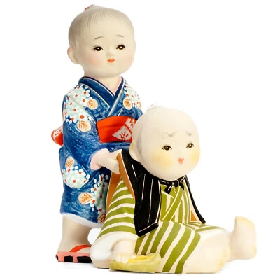 HAKATA Doll Figurine Hand Painted Chalkware Young Brother & Sister Japan - Image 1 of 4