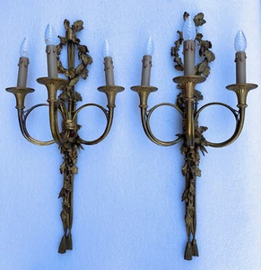 1900 Paire d’Appliques Style Louis 16 Bronze Doré Aux Cors Chasse SignéeJansen - Bild 1 von 21