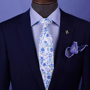 Multi Colored Floral 3" Blue White Tie Designer Cotton Woven Necktie Sexy Luxury - Picture 1 of 8