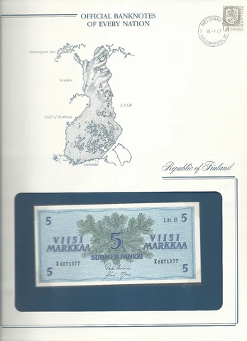 Banknotes of Every Nation Finland 5 Markkaa 1963 UNC P-106Aa.21 Litt. B Cover