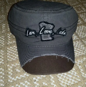 Gray & Brown Distressed Adjustable Back Cadet Cap Hat O/S, Minnesota Love Lake - Picture 1 of 6