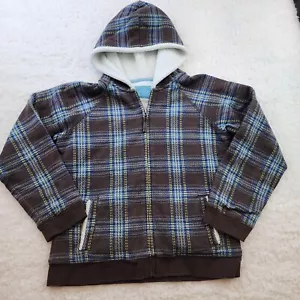 Lands End Vintage Damen L Sherpa Karo Jacke Taschen Y2K Full Zip Kapuze - Bild 1 von 9