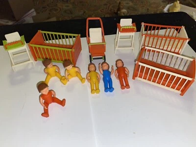 Vintage W Germany Bruder Toy Cribs, Stroller, 2-Highchair and 6 Children playset - Image 1 of 2