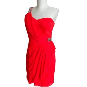 XSCAPE Y2K Rhinestone Red Mini Dress 12 One Shoulder Faux Wrap Fairycore Vtg - Picture 1 of 13