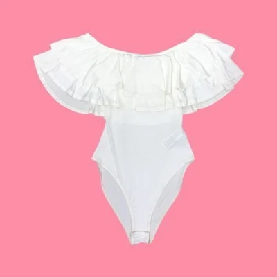 Ladies Ivory Bodysuit Sz 8 Ruffled Frilled Off The Shoulder Bandeau Top Stretch - Image 1 of 4