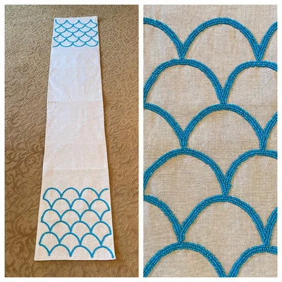 Table Runner Turquoise Beaded And Taupe 14”x71” Cotton Polyester Nicole Miller - Image 1 of 4