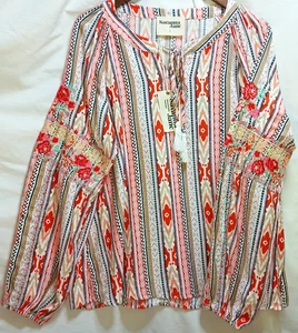 Savanna Jane NWT Women’s L Boho Stripe Embroidered Balloon Sleeve Peasant Top - Picture 1 of 12