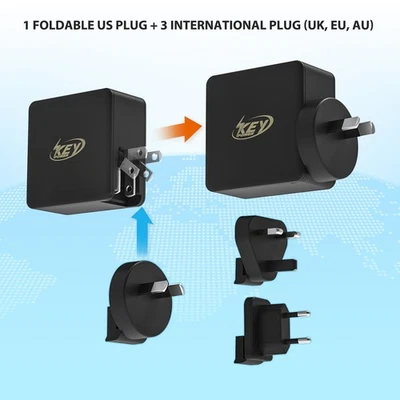 60W USB C Travel Adapter, Foladable Fast GaN Charger with US/UK/EU/AU 4 Plugs - Image 1 of 4