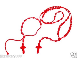 Rosary Necklace knotted Cord String Rope Beads Handmade red Rosarie w/ bracelet - Picture 1 of 1