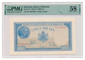 ROMANIA banknote 5000 Lei 1943 PMG AU 58 Choice About Uncirculated - Picture 1 of 2