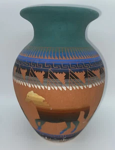 VTG Diné Navajo Indian Pottery Etched Horse Trees Clay Signed 8" Vase Vessel - Picture 1 of 10