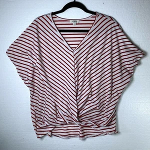 Umgee Women's Size Small White Red Striped Twist Front Top Oversized V-Neck - Picture 1 of 9