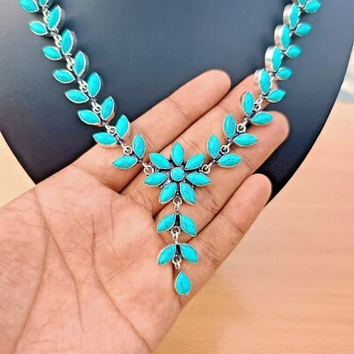 Natural Turquoise Necklace 925 Sterling Silver Handmade Gemstone Jewelry - Image 1 of 4