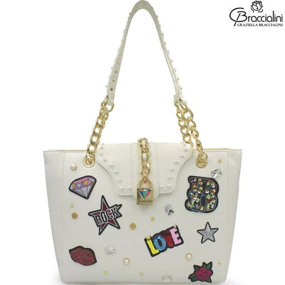 Bolso Shopper Braccialini Rock Diseñador de Moda Blanco con Metal y Bordado Foto 1 de 4