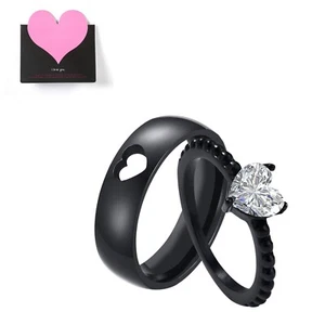 2pc His&Hers Couple Heart Matching Ring Set Titanium Cubic Zirconia Wedding Band - Picture 1 of 15