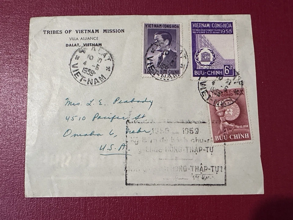 SOUTH VIETNAM 1959 COVER RARE DA LAT POSTMARK TO USA RED CROSS ANNIVERSARY - Image 1 of 2