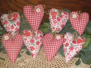 Red Country Cottage Decor 8 Assorted Hearts Fabric Tree Ornaments Handmade Gift - Picture 1 of 3