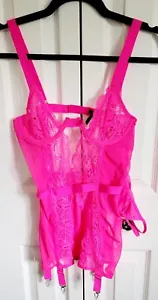 Seven Til Midnight M Hot Pink Lace Mesh Bustier Chemise W/Thong Underwire NWT - Picture 1 of 11