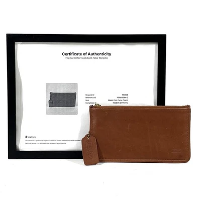 Coach British Tan Leather Blue/White Striped Cotton Lined Skinny Wristlet w/COA - Image 1 of 4