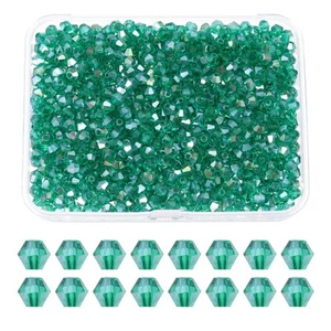 1000pcs 3mm Bicone Glass Crystal Beads, Faceted Beads with Box Green AB - Picture 1 of 5