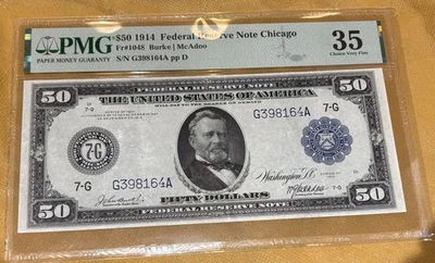 1914 $50 Federal Reserve Note Chicago PGM 35 CRISP, Eye Appeal, Color Designs - Image 1 of 4