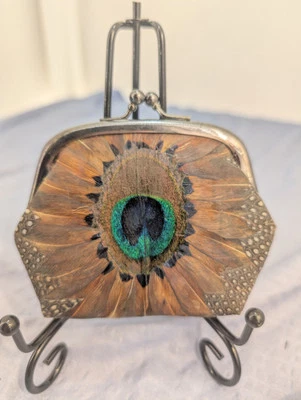 Monedero vintage hecho a mano de pavo real - plumas de pavo real reales Foto 1 de 4