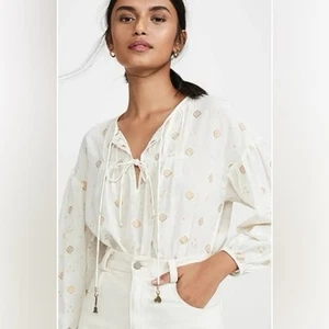 Joie Nadija Porcelain White and Gold Metallic Patterned Peasant Top Size Small - Picture 1 of 11