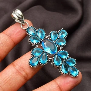 Swiss Blue Topaz Gemstone Handmade 925 Sterling Silver Jewelry Pendant Size-2.6" - Picture 1 of 5