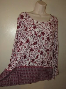 Faded Glory Woman Top XL 16-18 Red Floral Striped Boho Rayon Blouse NWT Peasant - Picture 1 of 9