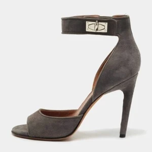 Givenchy Shark Lock Ankle Strap Stiletto Heels Sandals Gray Suede Sz 40 - Picture 1 of 15