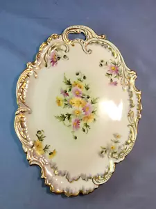 Plato ovalado decorado a mano Limoges Francia adorno de oro y flores bandeja de 11,75 - Imagen 1 de 9