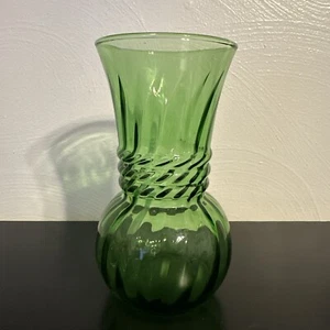 BOHEMIAN GLASS VASE Vintage Green Glass Bulbous Vase-Twist-Look w/3 Rings - Picture 1 of 6