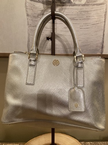 TORY BURCH ROBINSON TOTE BAG SAFFIANO PELLE BORSA A TRACOLLA ARGENTO