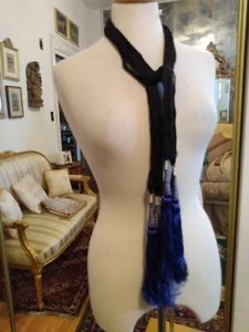 NEW VINTAGE BLACK COTTON THREAD BELT W/ PURPLE SILKY TASSELS & GOLD BOHO CHIC - Picture 1 of 4
