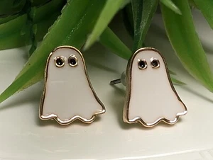 GHOST HALLOWEEN STUD FASHION BOHO CASUAL FUN EARRINGS WHITE GOLD TONE - Picture 1 of 5