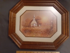 Vintage Home Interiors Homco Country Church print picture octagon frame 14”x17” - Picture 1 of 10