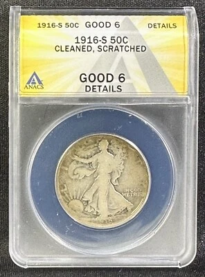 1916-S Walking Liberty Half Dollar ANACS G6 Details Silver Key Date Hole Filler - Image 1 of 4